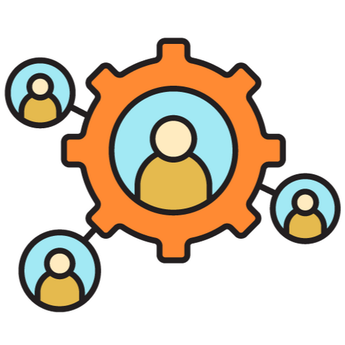 Systems icon Simple illustration of a person in the middle of a gear, with three other people around it.